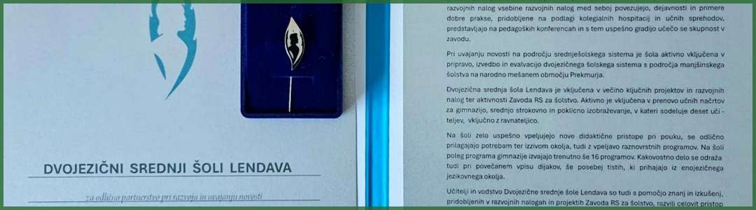 Dvojezična srednja šola Lendava je prejemnica priznanja Blaža Kumerdeja za leto 2024